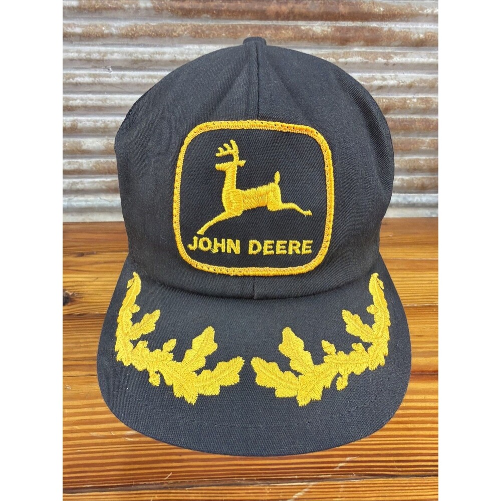 VTG 80s BLACK /GOLD JOHN DEERE TRUCKER HAT K-PRODUCTS USA Scrambled Eggs